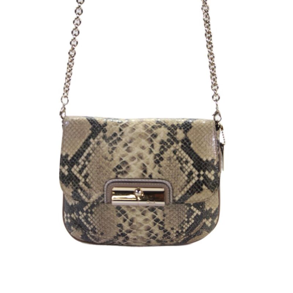 Coach Womens Chain Strap Snakeskin Printed Flap Shoulder Handbag Brown